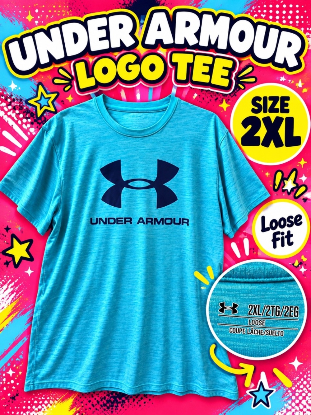 Under Armour Turquoise Heather Logo T-Shirt | 2XL Loose Fit